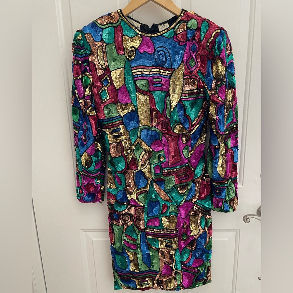 Vintage multicolored Sequin Beaded Party Cocktail dress Medium